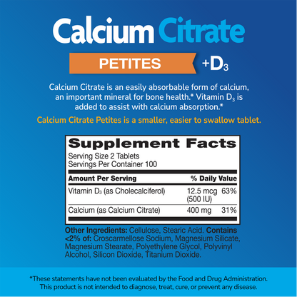 Supplement label for Calcium Citrate plus D Petites with ingredient list and serving size on a blue background