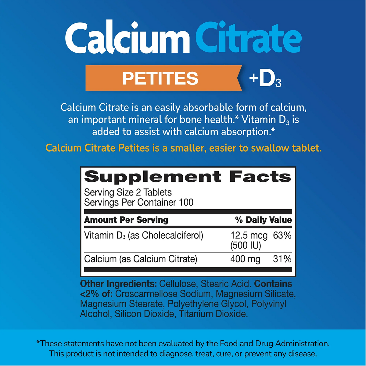 Supplement label for Calcium Citrate Petites with ingredient list and serving size on a blue background 