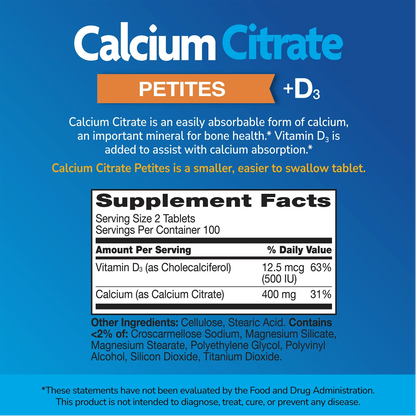 Supplement label for Calcium Citrate Petites with ingredient list and serving size on a blue background 