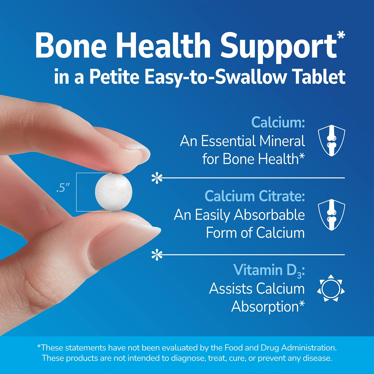 Hand holding a Calcium Citrate Petites supplement with text about product benefits on a blue background