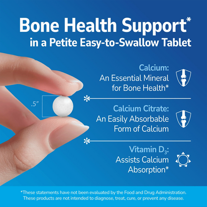 Hand holding a Calcium Citrate Petites supplement with text about product benefits on a blue background