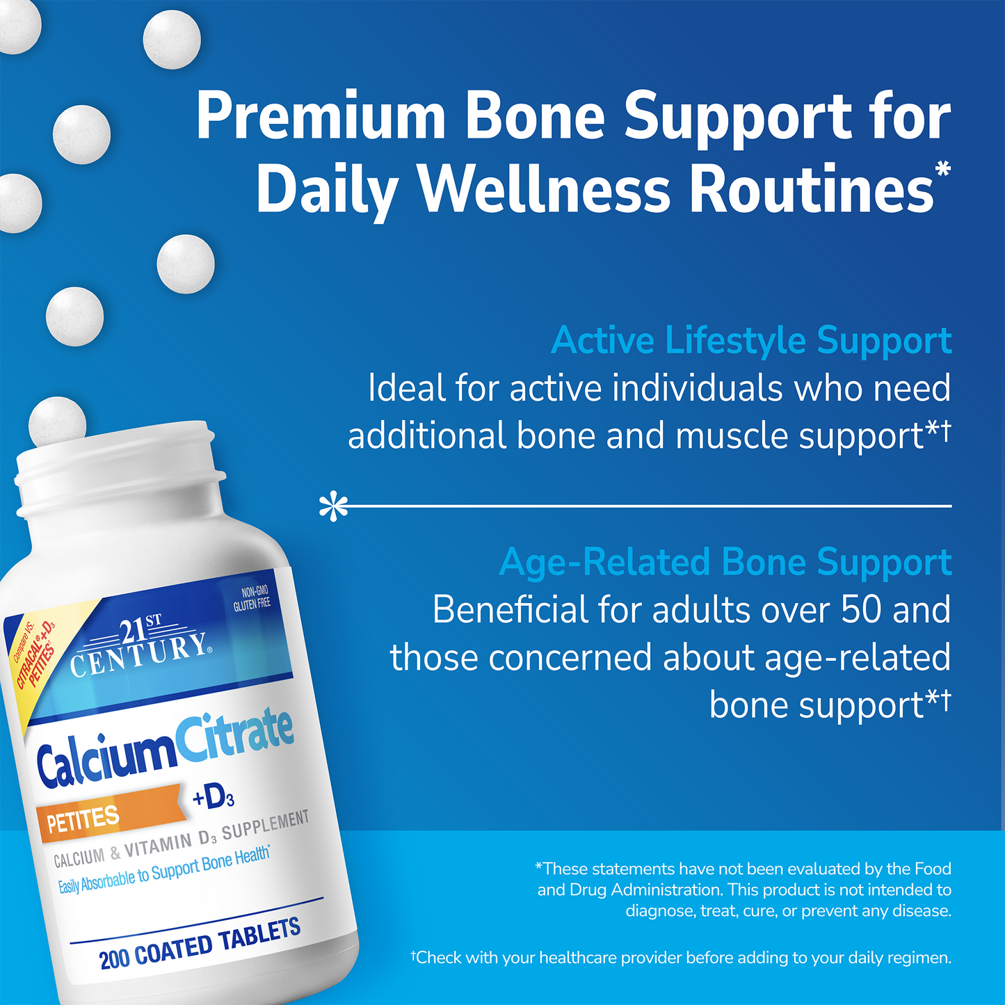 21st Century Calcium Citrate Petites calcium and D supplement bottle with pills spilling out and white text on a blue background