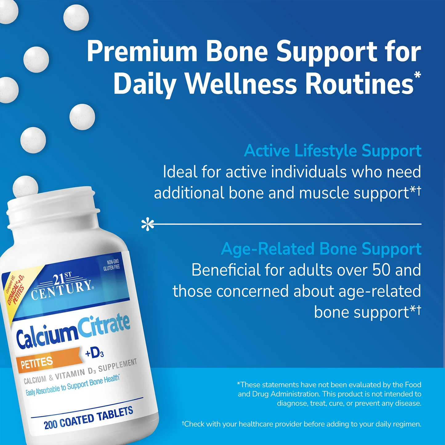 21st Century Calcium Citrate Petites supplement bottle with pills spilling out and white text on a blue background