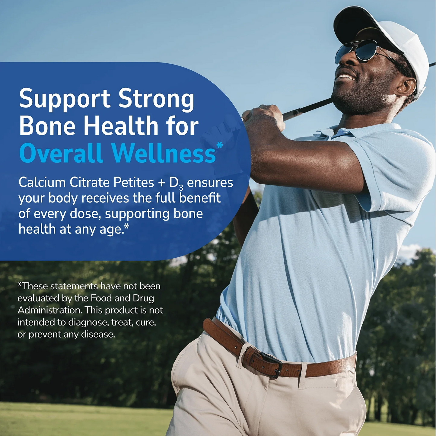 Man playing golf with health supplement information overlay