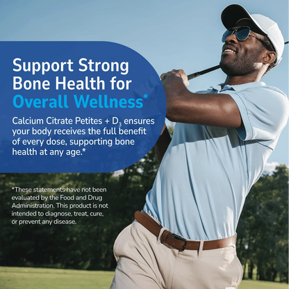 Man playing golf with health supplement information overlay