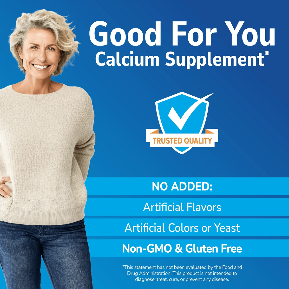 Woman smiling with SGood For You branding on a blue background and No Added info