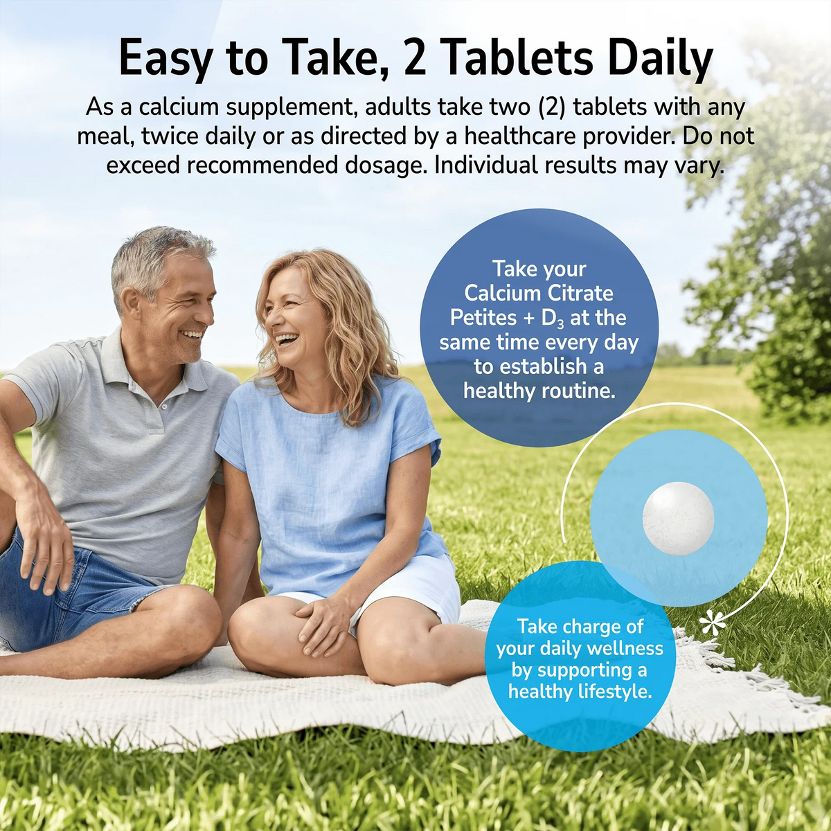 Man and woman sitting at a park with a product advertisement overlay and product directions