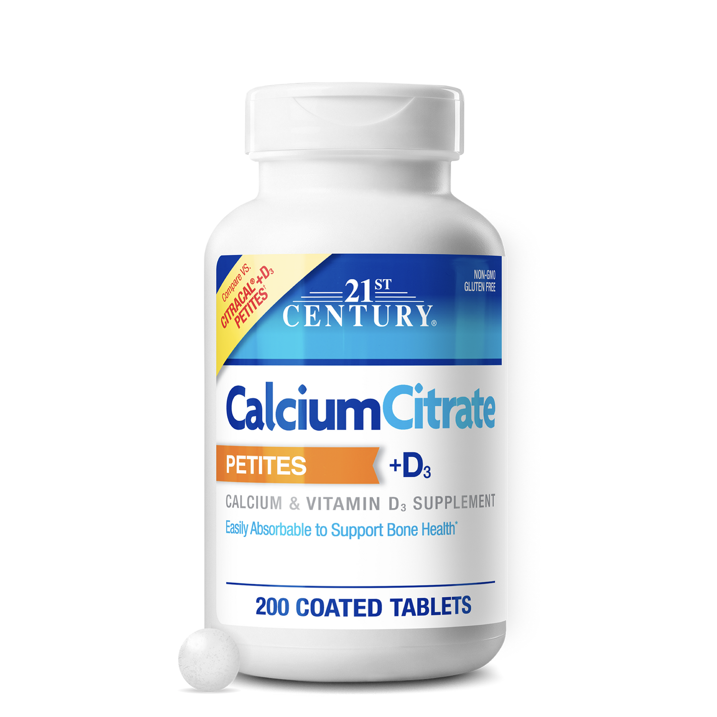 21st Century Calcium Citrate Petites + D3 supplement bottle, 200 tablets, bone health support with Vitamin D3