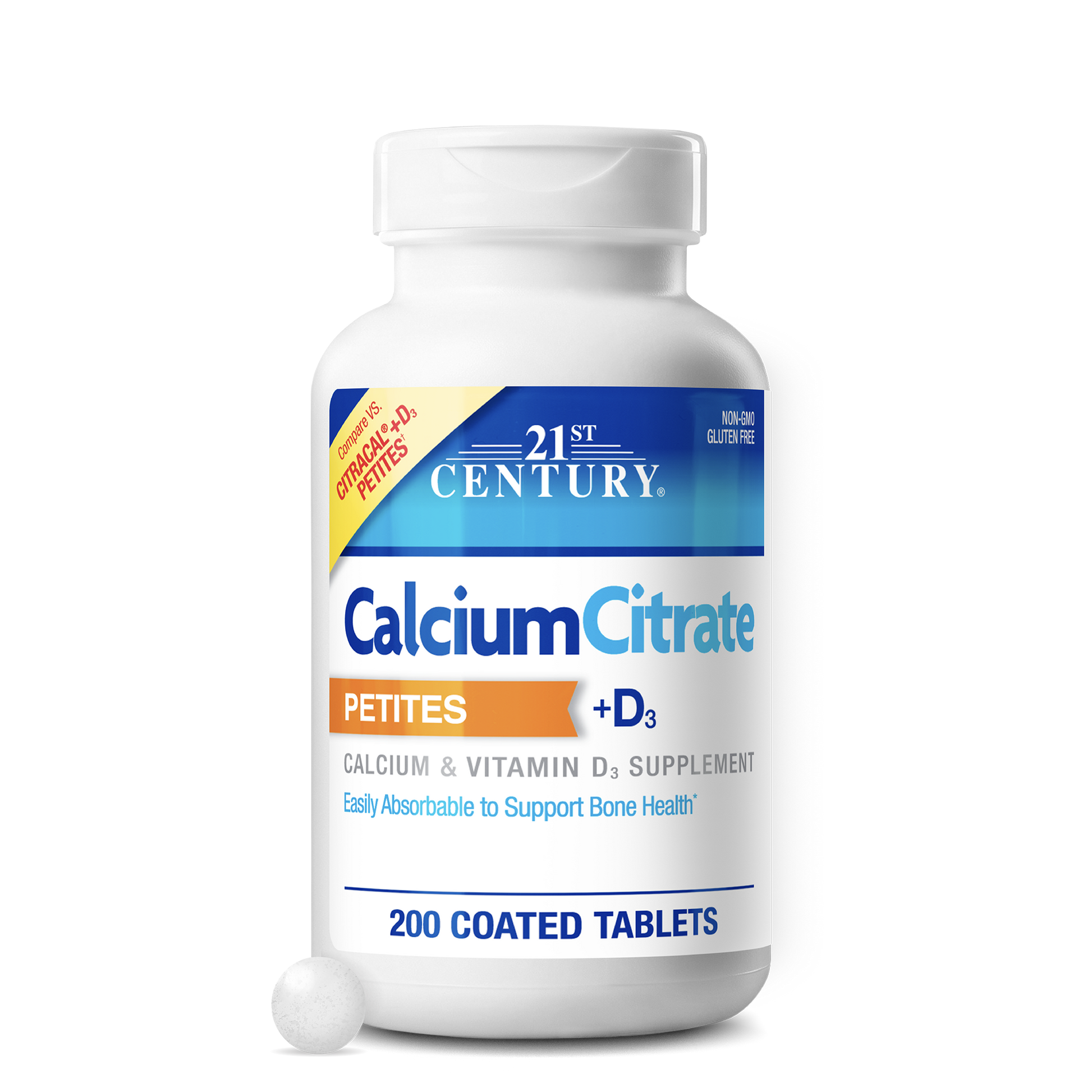 21st Century Calcium Citrate Petites + D3 supplement bottle, 200 tablets, bone health support with Vitamin D3
