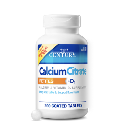 21st Century Calcium Citrate Petites + D3 supplement bottle, 200 tablets, bone health support with Vitamin D3