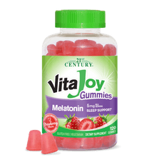 A bottle of 21st Century Melatonin 5 mg gummies with two melatonin gummies in front.