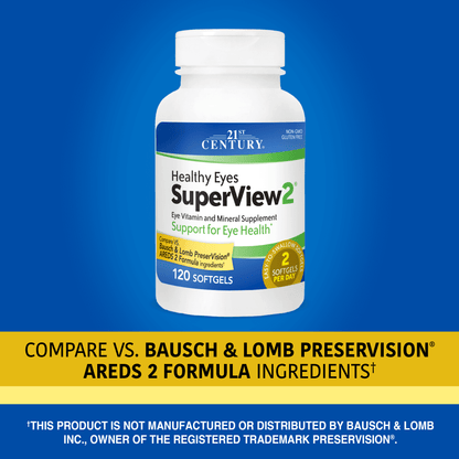 A bottle of 21st Century Health Eyes SuperView2 softgels with the words compare vs bausch and lamb preservision areds 2 formula ingredients.