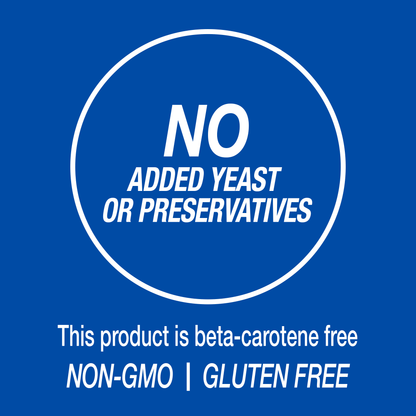 A graphic icon with the words no added yeast or preservatives, this product is beta-carotene free, non-GMO and gluten free.