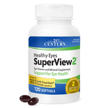 A bottle of 21st Century Health Eyes SuperView2 softgels with 2 softgels in front.