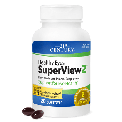 A bottle of 21st Century Health Eyes SuperView2 softgels with 2 softgels in front.