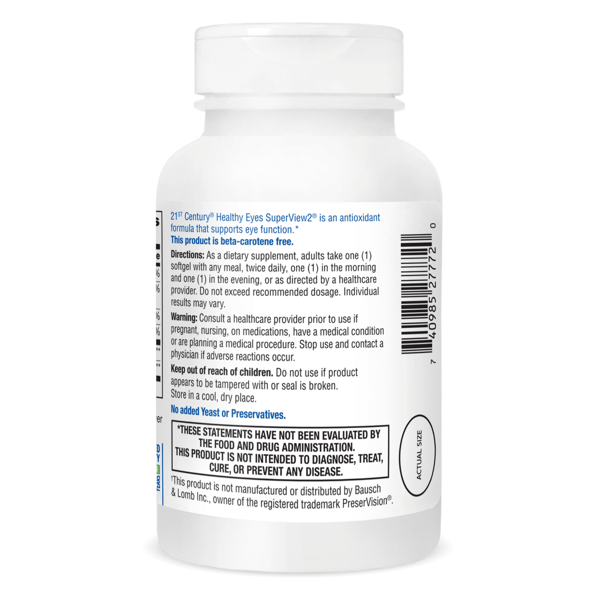 Right side bottle view of 21st Century Health Eyes SuperView2 softgels.