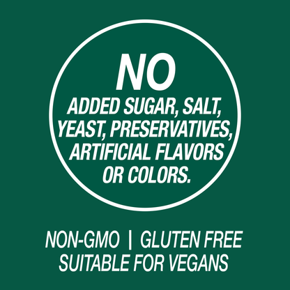 A graphic icon with the words no added sugar, salt, yeast, preservatives, artificial flavors or colors, non-GMO, gluten free and suitable for vegans.