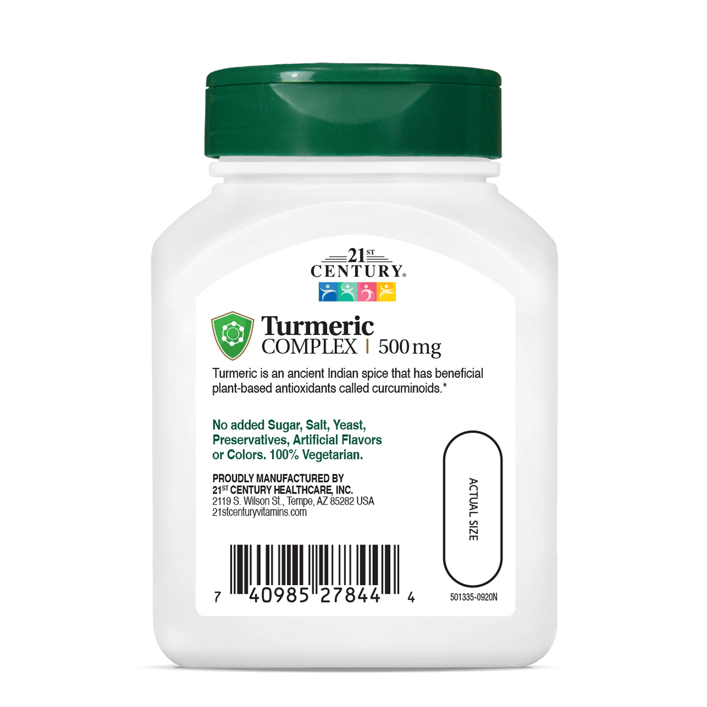 Back side bottle view of 21st Century Turmeric 500 mg Complex vegetarian capsules.