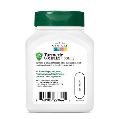 Back side bottle view of 21st Century Turmeric 500 mg Complex vegetarian capsules.