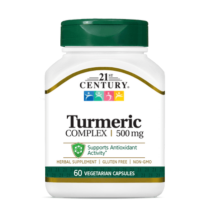 A bottle of 21st Century Turmeric 500 mg Complex vegetarian capsules.
