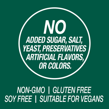 A graphic icon with the words no added sugar, salt, yeast, preservatives, artificial flavors, or colors, non-GMO, gluten free, soy free and suitable for vegans.