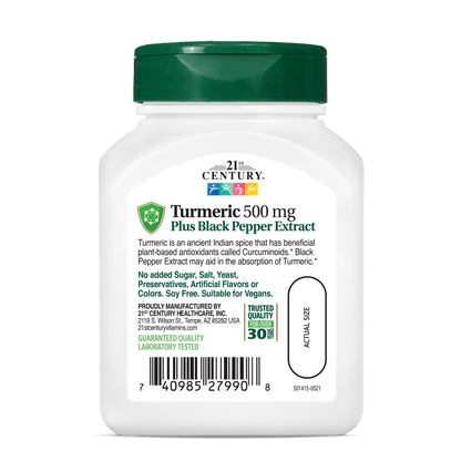 Back side bottle view of 21st Century Turmeric 500 mg Plus Black Pepper Extract vegetarian capsules.