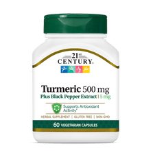 A bottle of 21st Century Turmeric 500 mg Plus Black Pepper Extract vegetarian capsules.
