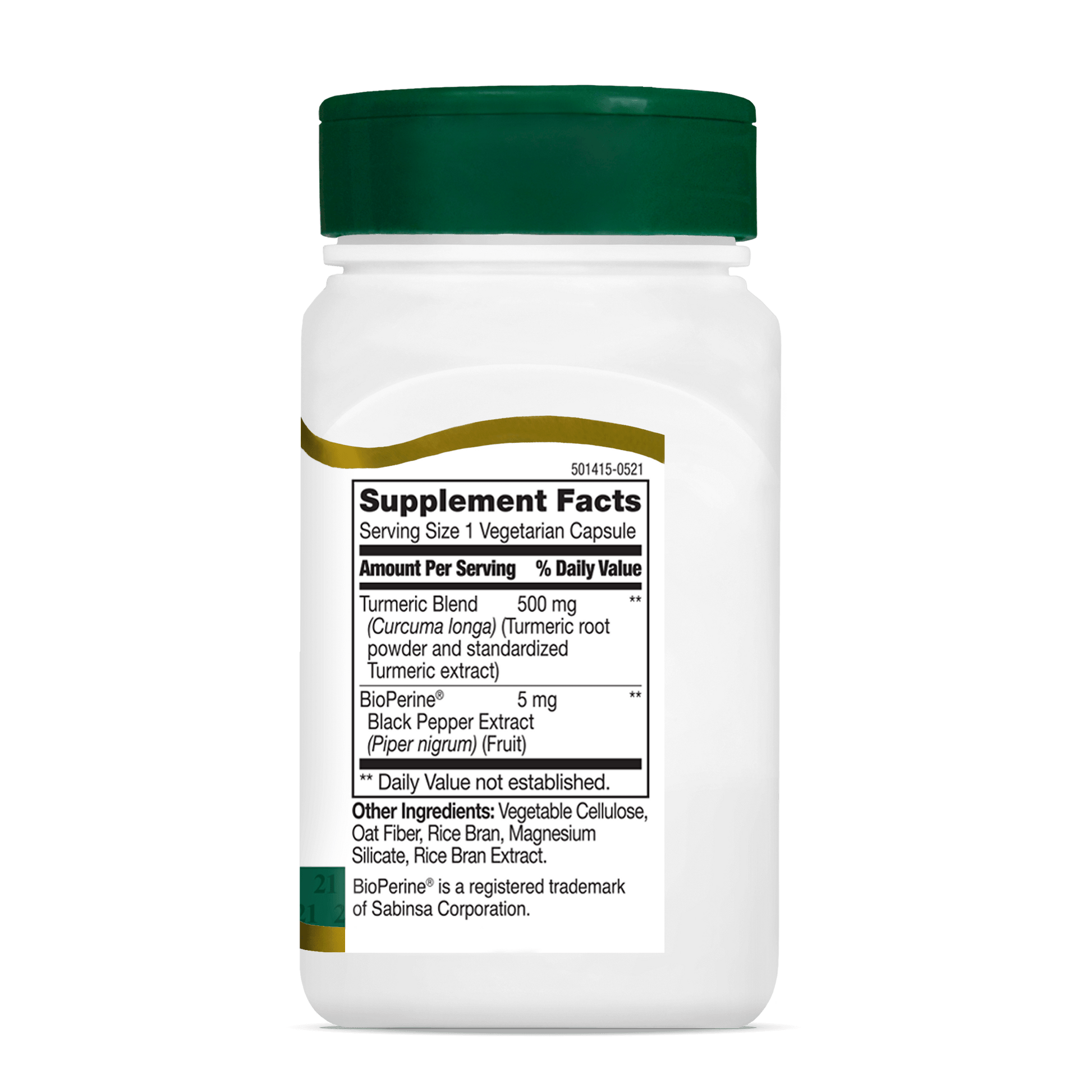Right side bottle view of 21st Century Turmeric 500 mg Plus Black Pepper Extract vegetarian capsules.