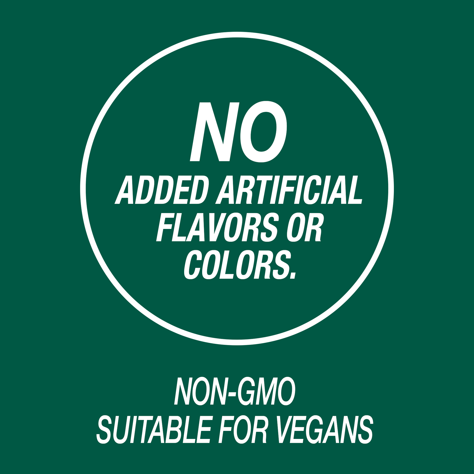 A graphic icon with the words no added artificial flavors or colors, non-GMO and suitable for vegans.
