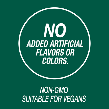 A graphic icon with the words no added artificial flavors or colors, non-GMO and suitable for vegans.