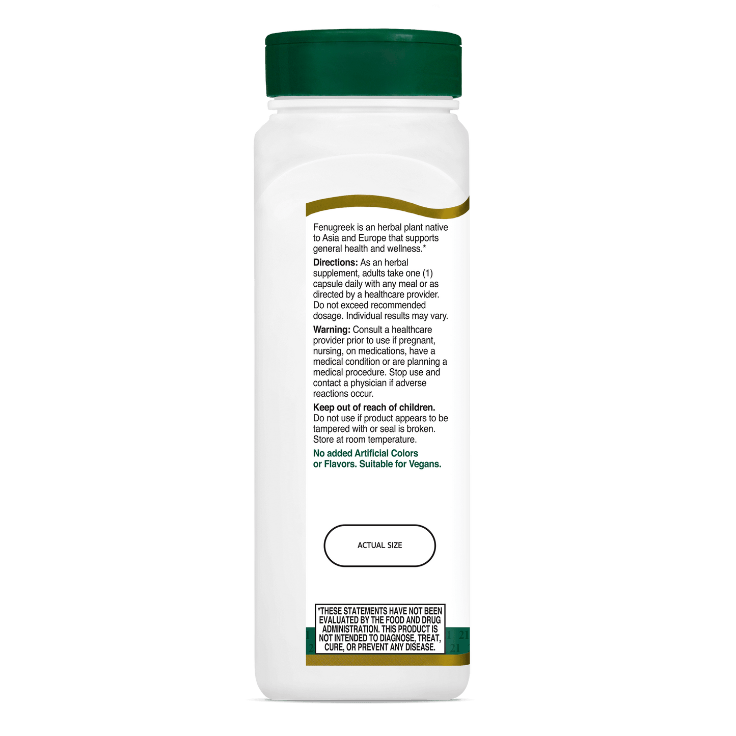 Left side bottle view of 21st Century Fenugreek 610 mg vegetarian capsules.