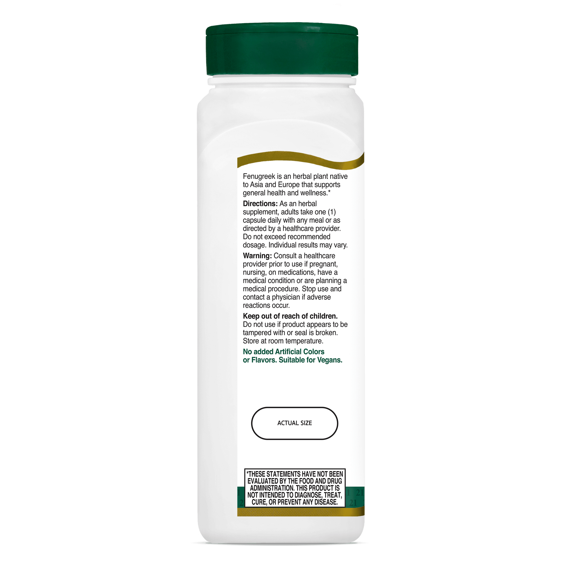 Left side bottle view of 21st Century Fenugreek 610 mg vegetarian capsules.