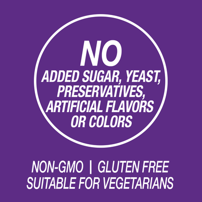 Purple label with white text declaring no added sugar, yeast, preservatives, artificial flavors or colors, non-GMO, gluten-free, and suitable for vegetarians.