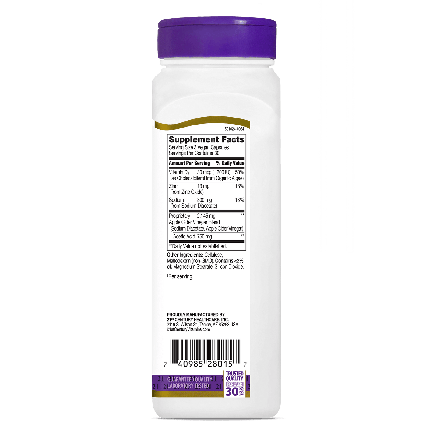 Supplement bottle with a purple cap and white label on a black background