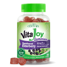 A bottle of 21st Century VitaJoy Sambucus Elderberry 100 mg per serving with vitamin c and zinc gummies with 2 elderberry gummies in front.