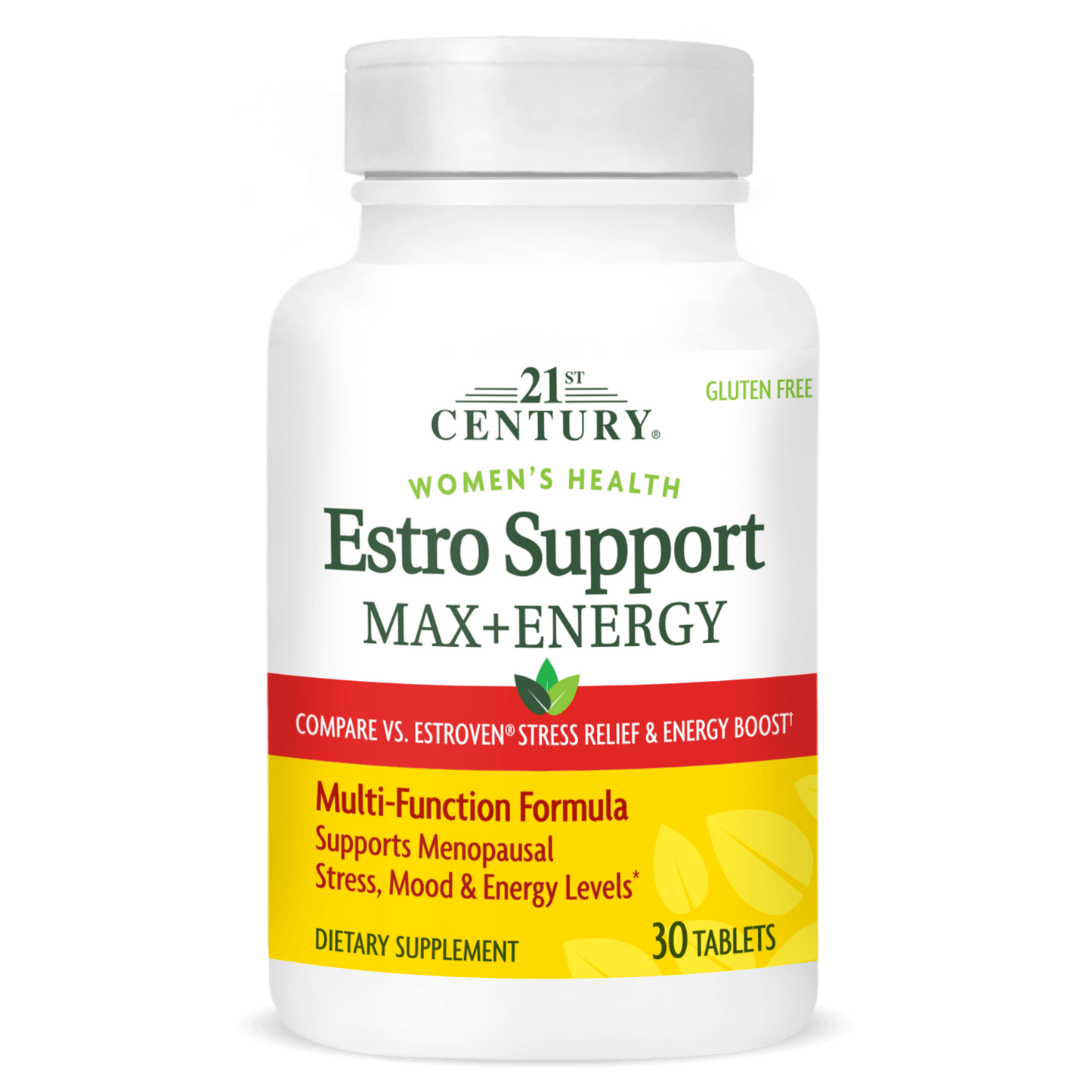 A bottle of 21st Century Estro Support Max Plus Energy tablets.