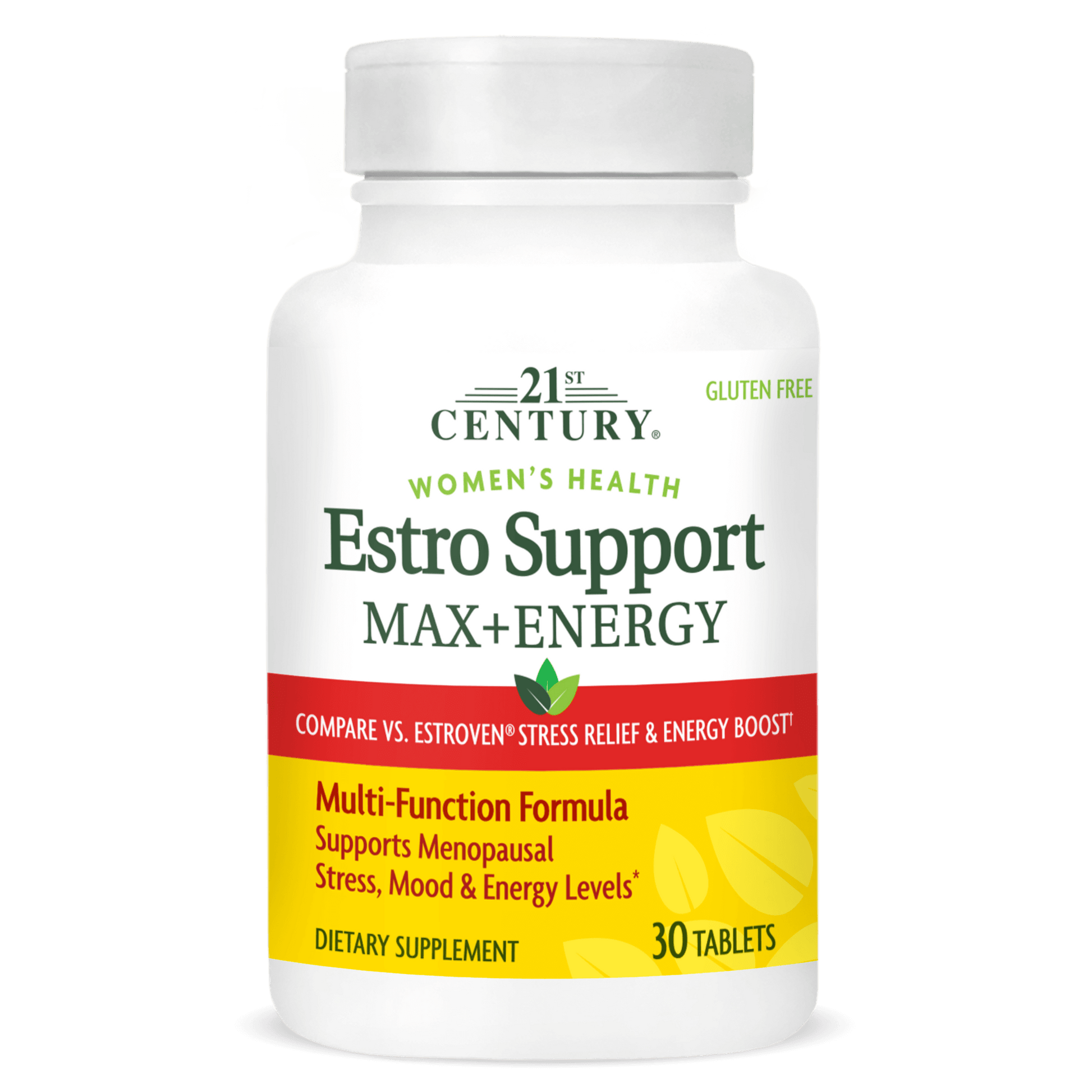 A bottle of 21st Century Estro Support Max Plus Energy tablets.