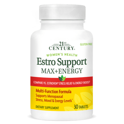 A bottle of 21st Century Estro Support Max Plus Energy tablets.