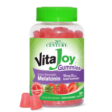 A bottle of 21st Century VitaJoy Melatonin 10 mg Extra Strength gummies and two gummies in the front.
