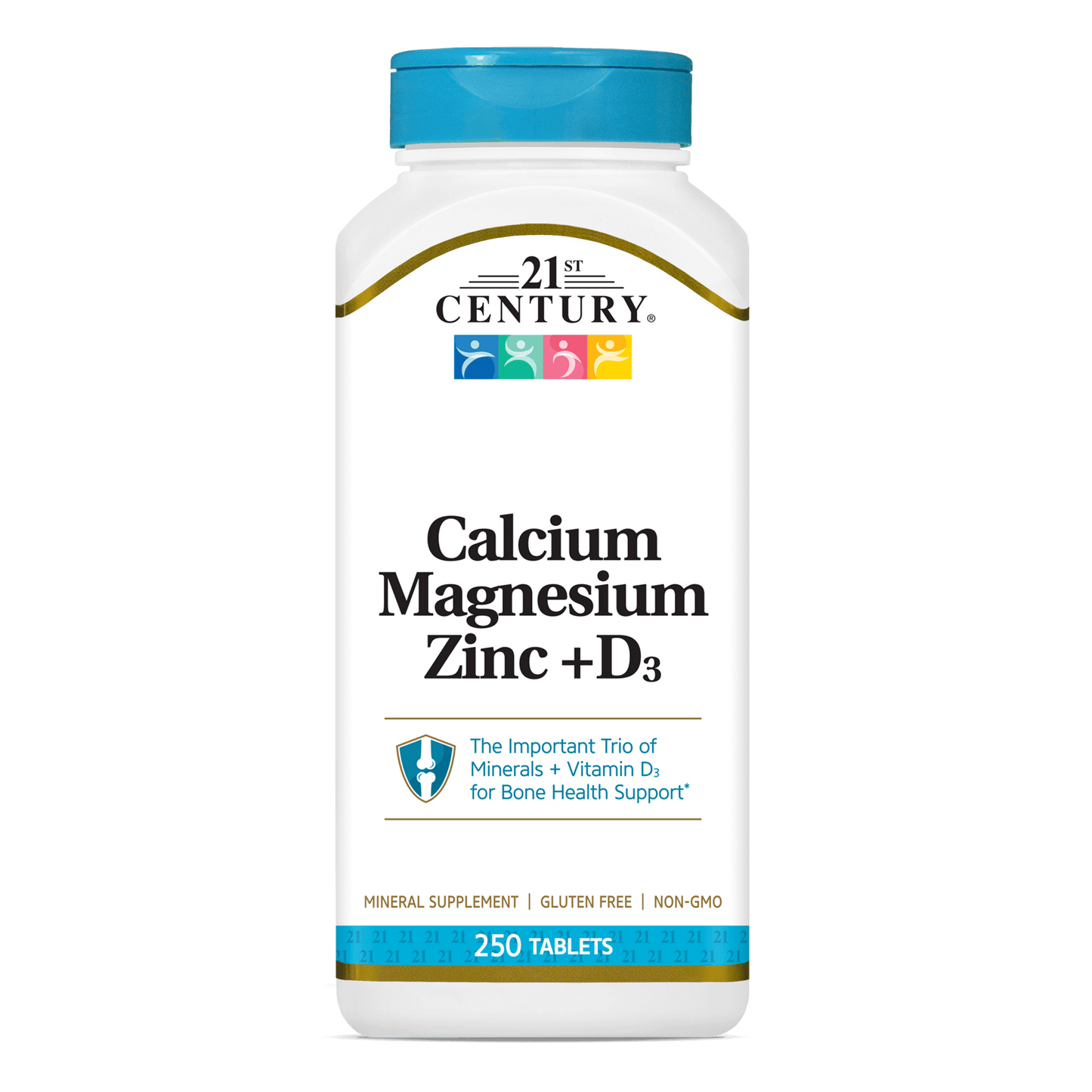 Supplement bottle labeled '21st Century Calcium Magnesium Zinc + D3' on a white background