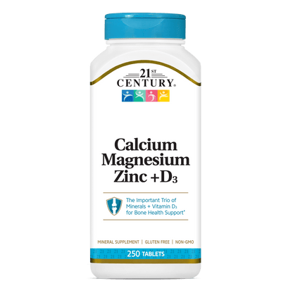 Supplement bottle labeled '21st Century Calcium Magnesium Zinc + D3' on a white background