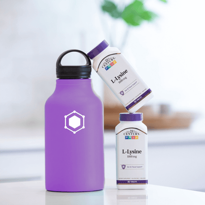 Two stacked bottles of 21st Century L-Lysine 1000 mg tablets up against a water bottle.