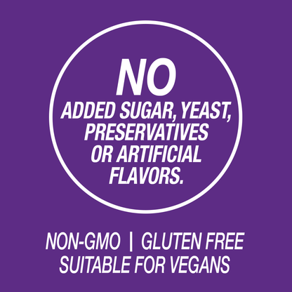 a graphic icon with the words no added sugar, yeast, preservatives or artificial flavors, non-GMO, gluten free and suitable for vegans.