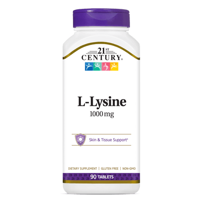 A bottle of 21st Century L-Lysine 1000 mg tablets.