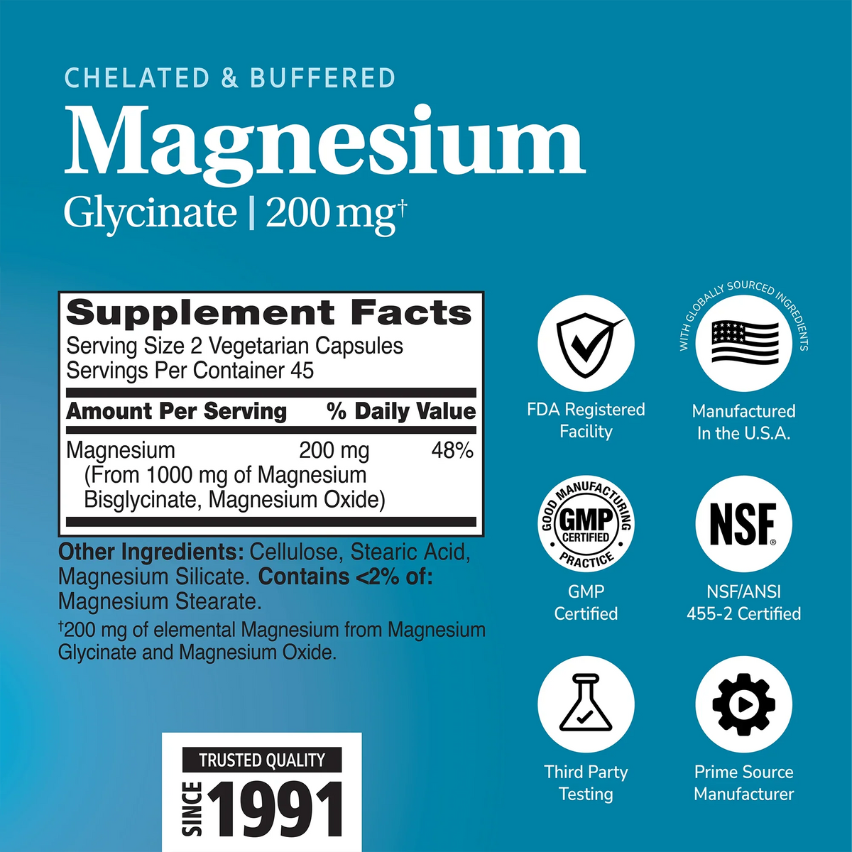 Supplement label for Magnesium Glycinate 200mg with ingredient list and serving size on a blue background with quality image icons 