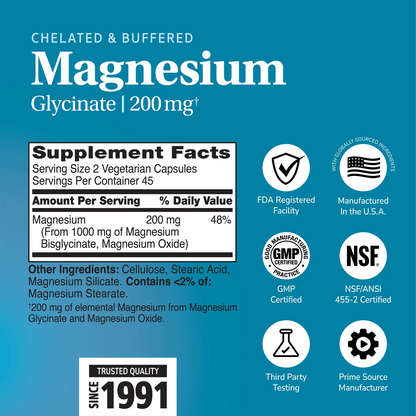 Supplement label for Magnesium Glycinate 200mg with ingredient list and serving size on a blue background with quality image icons 