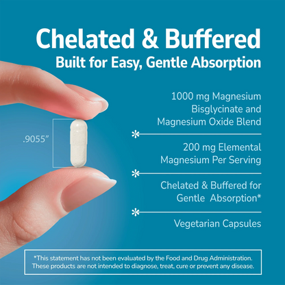 Hand holding a Magnesium Glycinate supplement with text about product benefits on a blue background