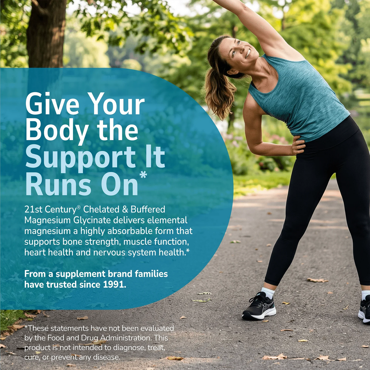Woman stretching outside with health supplement information overlay