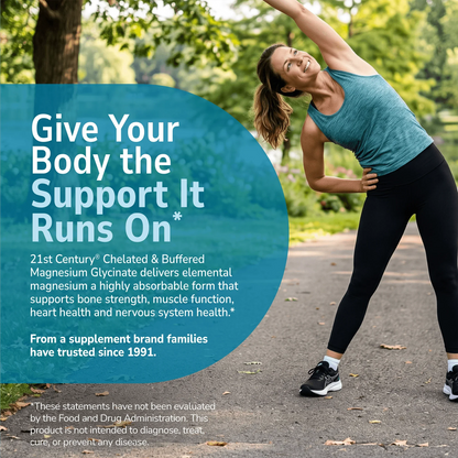 Woman stretching outside with health supplement information overlay