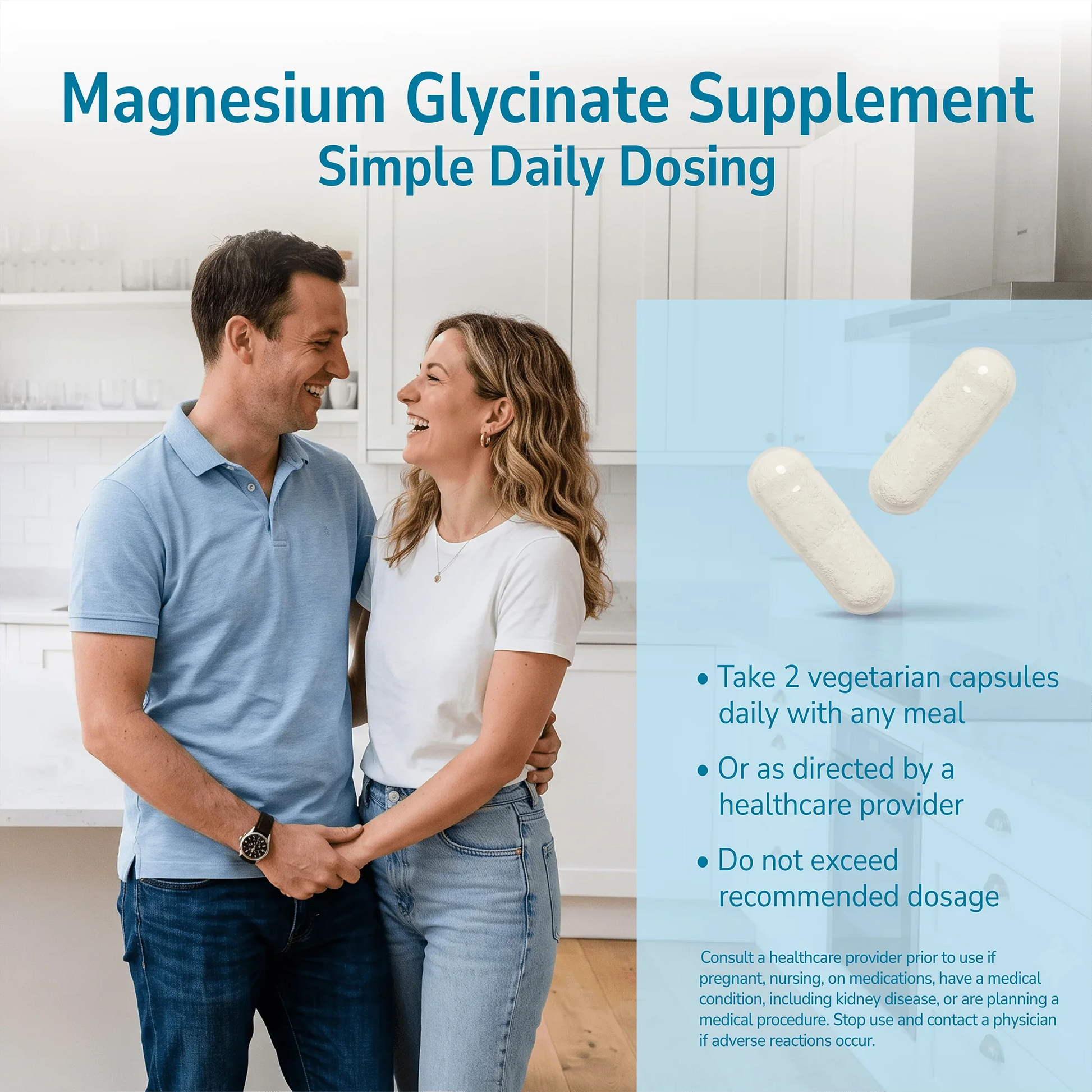 Man and woman smiling indoors with a product advertisement overlay and product directions